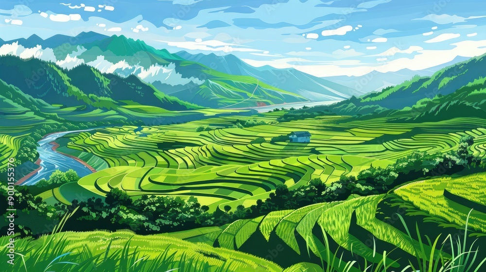 Fototapeta premium Verdant Landscape: An evocative vista of lush rice terraces cascade down rolling hills, under a radiant sky, presenting a harmonious tableau of agricultural beauty.