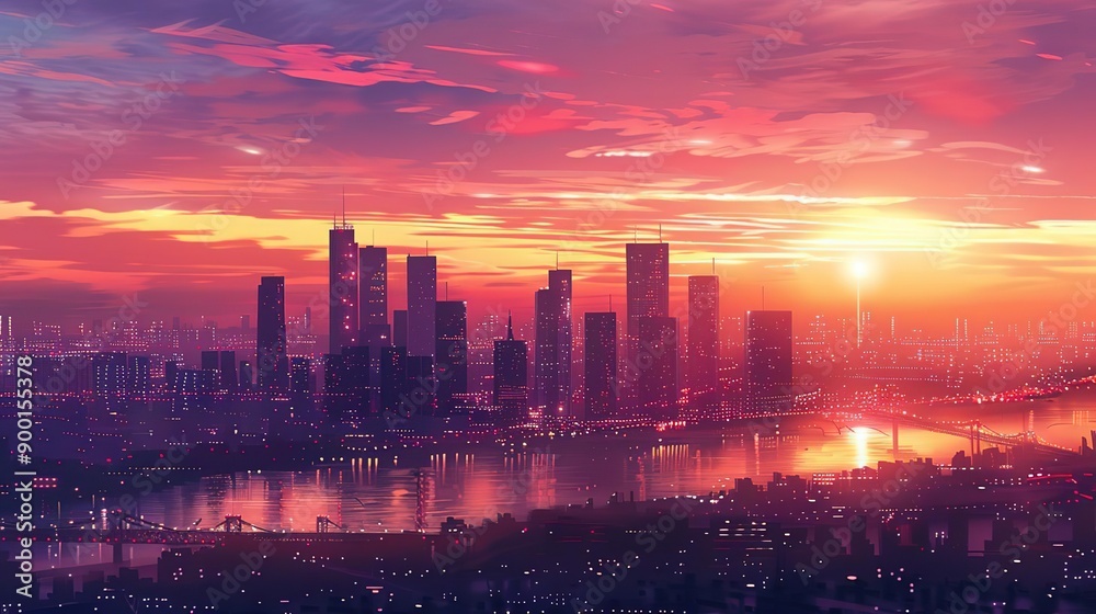Fototapeta premium Cityscape Illustration with Sunset Sky and River