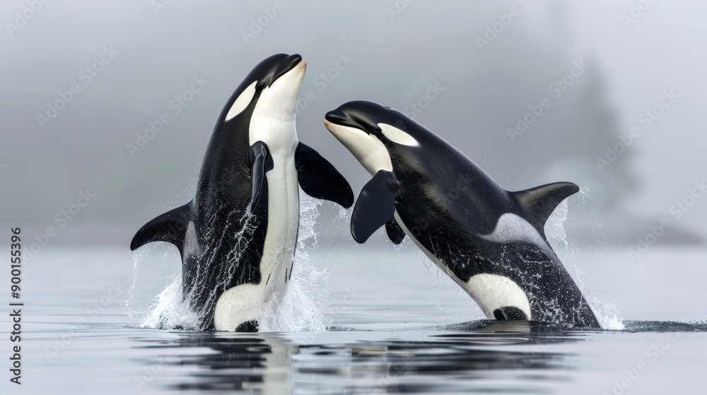 Obraz premium A playful pod of orcas breaching the surface of the wate