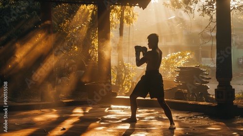 A Muay Thai fighter practicing shadow boxing in a traditional training camp