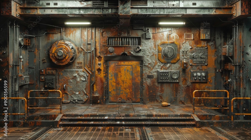 Industrial podium with rusted textures and mechanical elements Industrial podium with rusted textures and mechanical elements