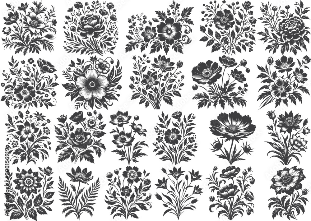 Vector black silhouettes of flowers isolated on a white background Vector black silhouettes of flowers isolated on a white background