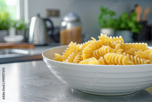 Bowl of cooked pasta in the kitchen. Generative AI
