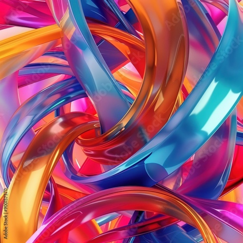 Bright 3D abstract background with twisted ribbon-like shapes in bright colors. Ideal for creative marketing campaigns. digital art project or website design photo