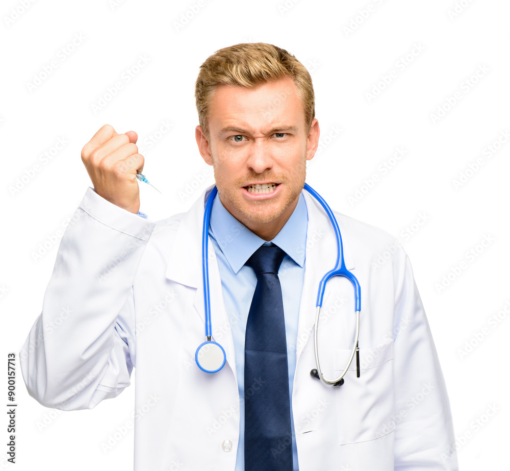 Portrait, man and angry doctor with syringe for healthcare, vaccine or choice for risk compliance in studio. Health, violence and scary medical professional with injection, drugs and white background Portrait, man and angry doctor with syringe for healthcare, vaccine or choice for risk compliance in studio. Health, violence and scary medical professional with injection, drugs and white background