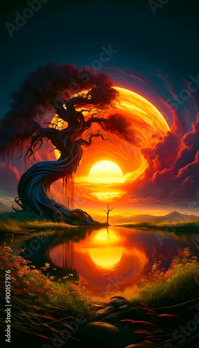 surreal landscape images featuring twisted trees, dramatic sunsets, and reflective waters.