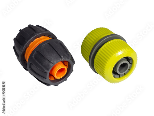 Plastic garden hose connectors. Garden watering hose mender isolated on a white background. Convenient connection without water leakage, extending and repairing water pipe