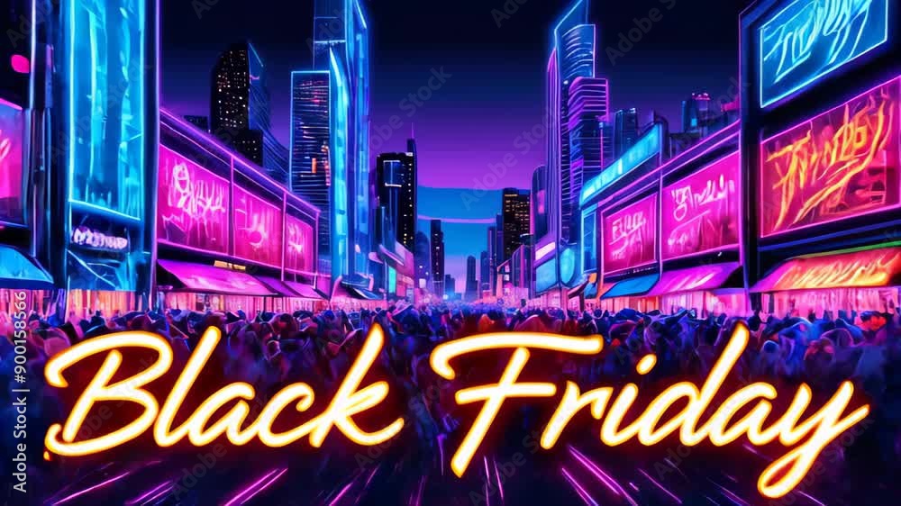 lively city street at night, glowing with neon signs and illuminated billboards advertising Black Friday. The crowd is bustling, excitement and frenzy of the shopping event. Retro style lively city street at night, glowing with neon signs and illuminated billboards advertising Black Friday. The crowd is bustling, excitement and frenzy of the shopping event. Retro style