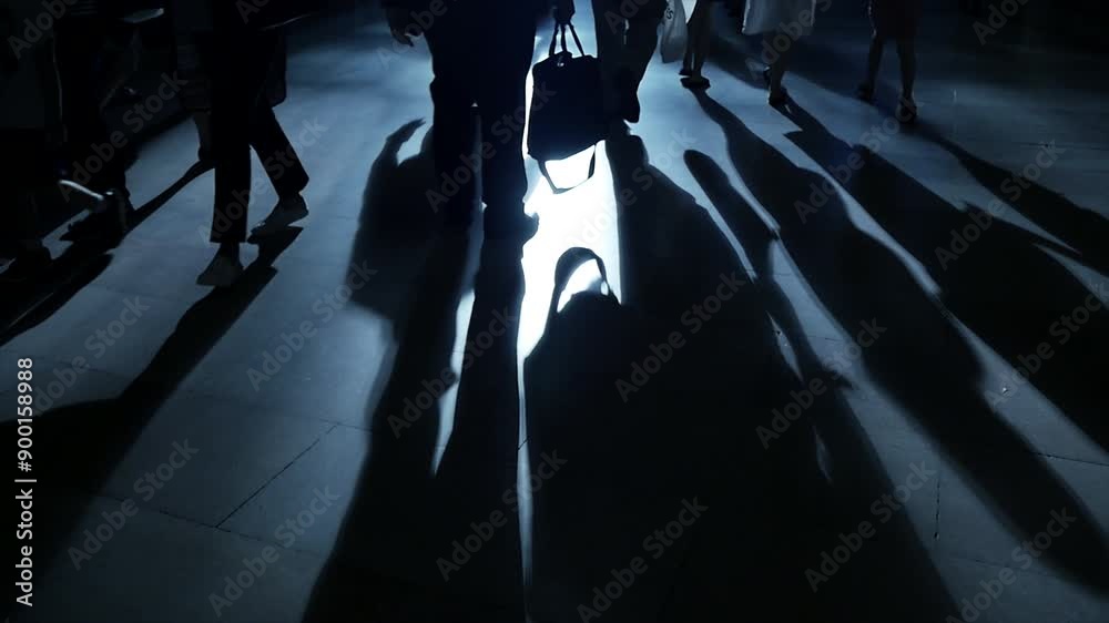 Silhouetted pedestrians casting shadows on city street at night, creating mysterious atmosphere