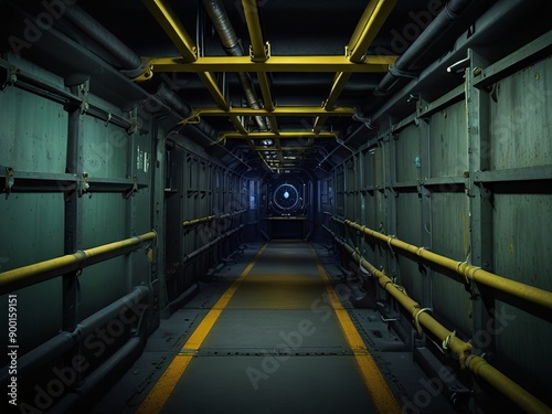 Dark Corridor with Yellow Lines.