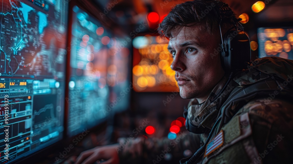 A detailed view of an engineer programming targeting systems into a high-tech artillery weapon. A detailed view of an engineer programming targeting systems into a high-tech artillery weapon.