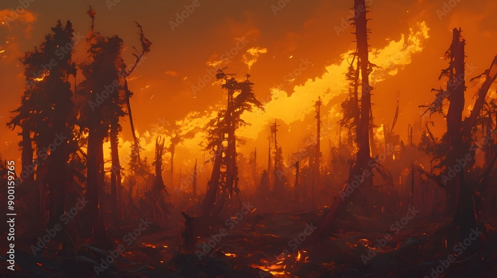 Devastated Forests Consumed by Raging Wildfires,Charred Trunks and Scorched Foliage in Dystopian Landscape Devastated Forests Consumed by Raging Wildfires,Charred Trunks and Scorched Foliage in Dystopian Landscape