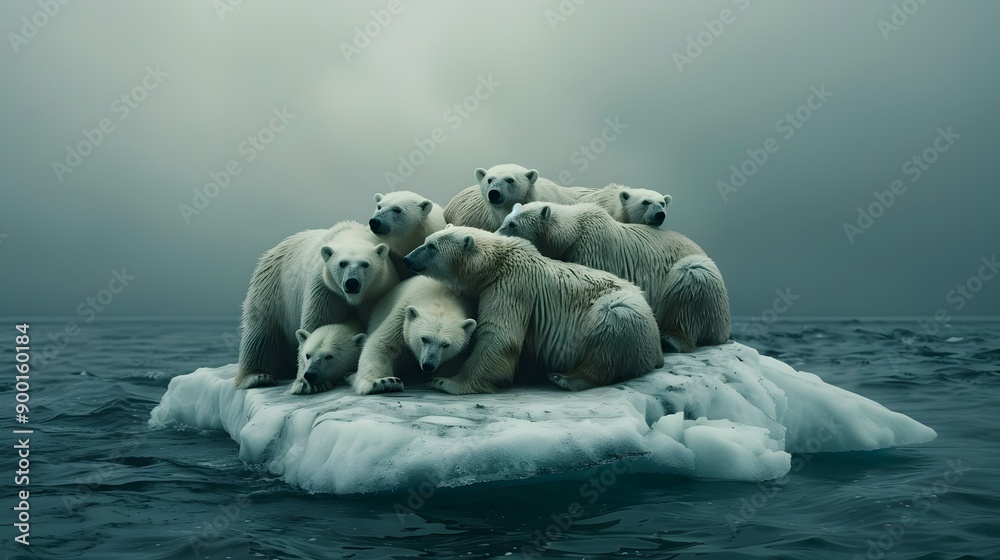 Obraz premium A Huddled Pride of Polar Bears on a Shrinking Arctic Ice Floe Facing the Climate Crisis