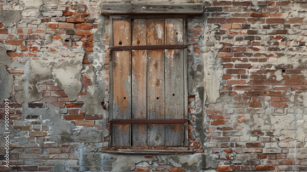 An aged brick wall with a boarded window perfect for customization An aged brick wall with a boarded window perfect for customization