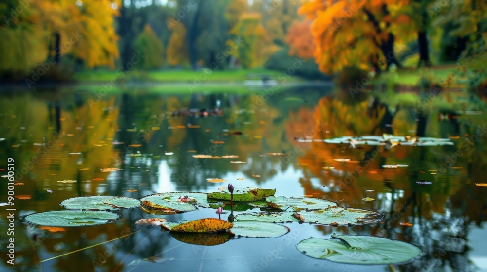 A pond in a park with a lily pad in the foreground A pond in a park with a lily pad in the foreground