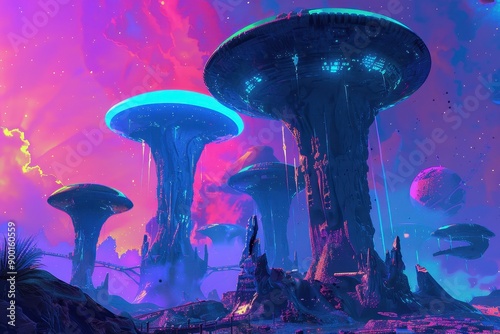 Alien landscape with glowing mushrooms and vibrant sky photo