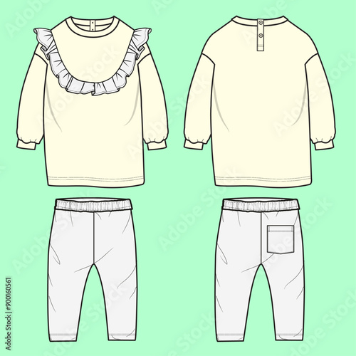 Toddler girls drop shoulder round neck terry fleece long leg sweatshirt and trouser flat sketch outline vector fashion illustration template.