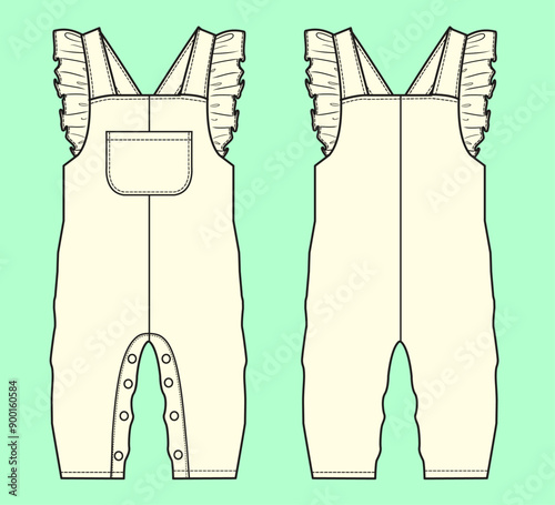 Baby girls frill details dungarees flat sketch outline vector fashion illustration template.