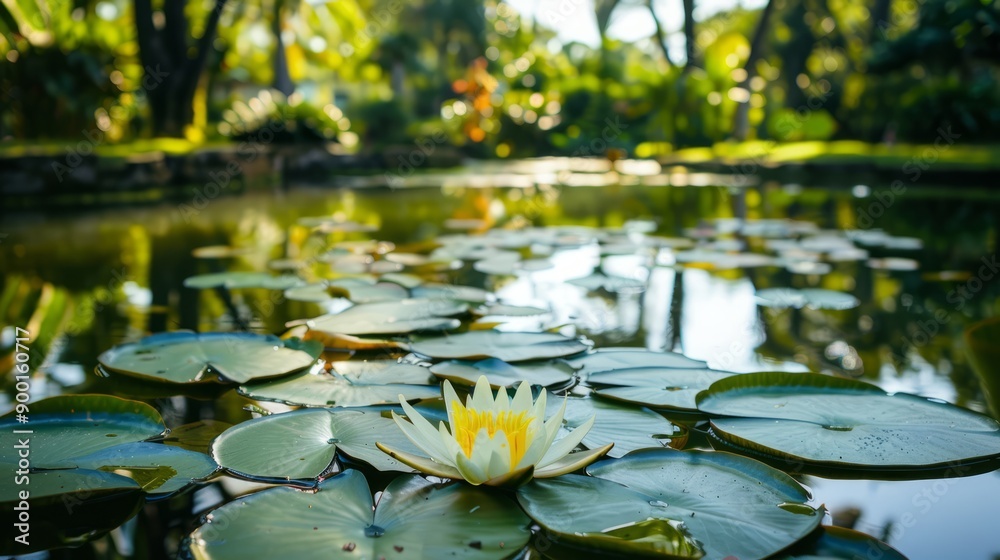 A pond in a park with a lily pad in the foreground A pond in a park with a lily pad in the foreground
