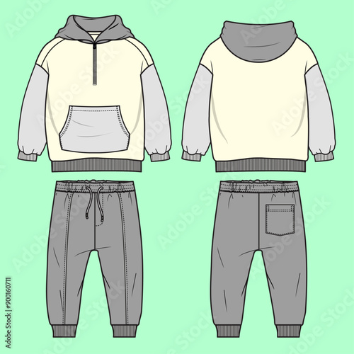 Boys long sleeve half zip through color block hoodie and terry fleece jogger flat sketch outline vector fashion illustration template.