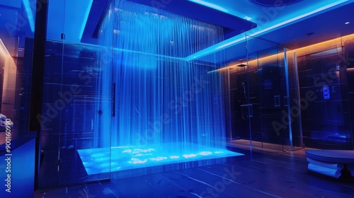 Luxurious  modern bathroom with a blue LED-lit shower  glass walls  and a glowing floor