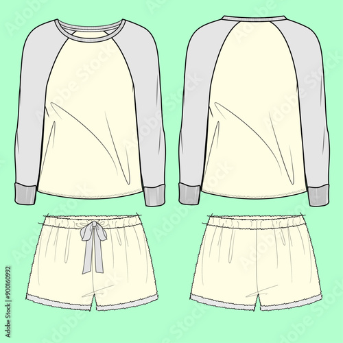 Girls and ladies nightwear raglan sleeve color block sweatshirt and shorts flat sketch outline vector fashion illustration template.