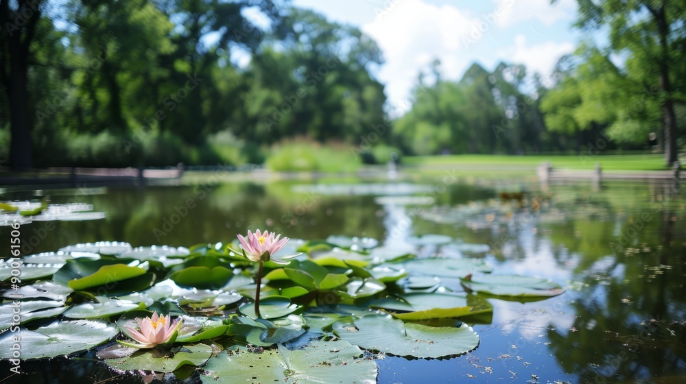A pond in a park with a lily pad in the foreground A pond in a park with a lily pad in the foreground