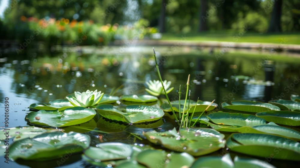 A pond in a park with a lily pad in the foreground