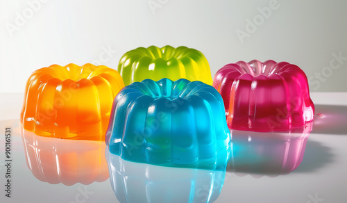 Colorful gelatin jelly dessert on white reflective table. Generative AI