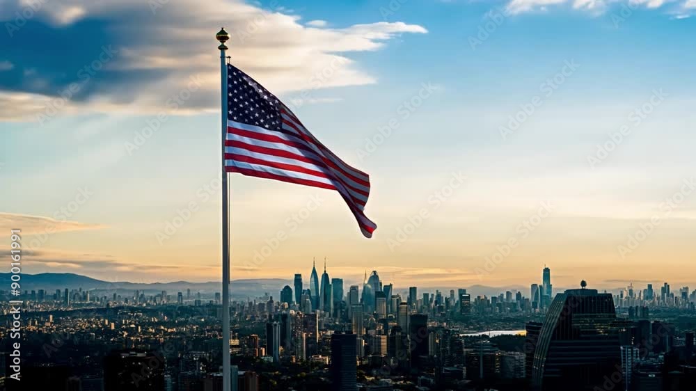 American flag waving at Los Angeles city, beautiful floating clouds Time Lab
