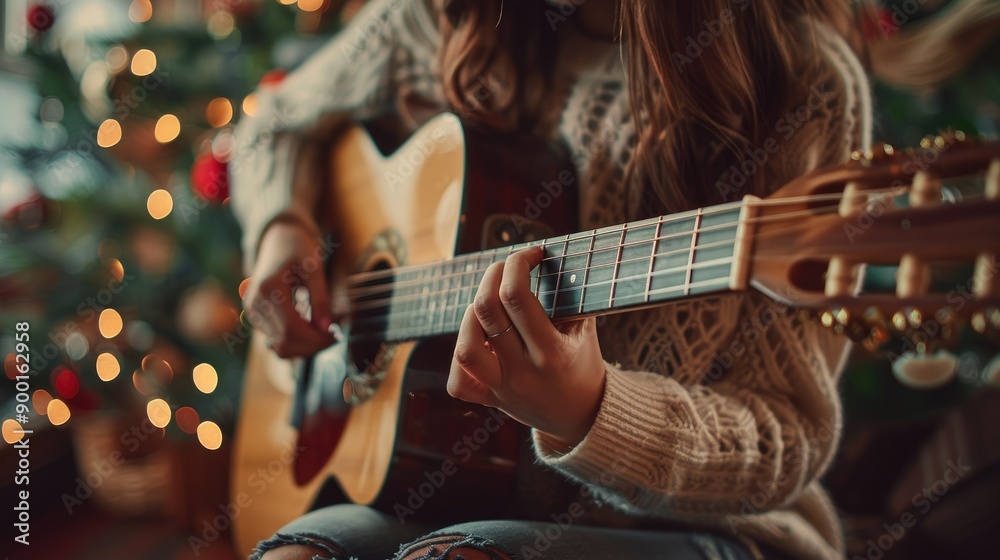 Obraz premium Woman Playing Acoustic Guitar at Home During Christmas Celebrations