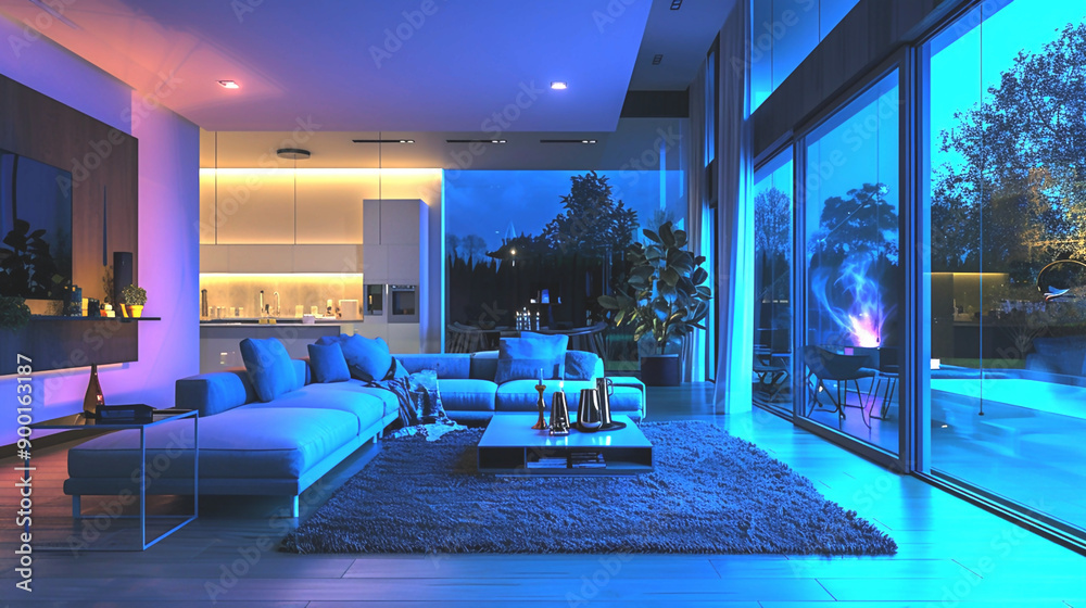 A smart home where AI controls lighting, temperature, and security, providing comfort and safety A smart home where AI controls lighting, temperature, and security, providing comfort and safety