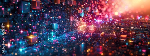 Wallpaper Mural Abstract Digital Data Network with Glowing Cubes and Colorful Particles in a Futuristic Cyber Space Torontodigital.ca