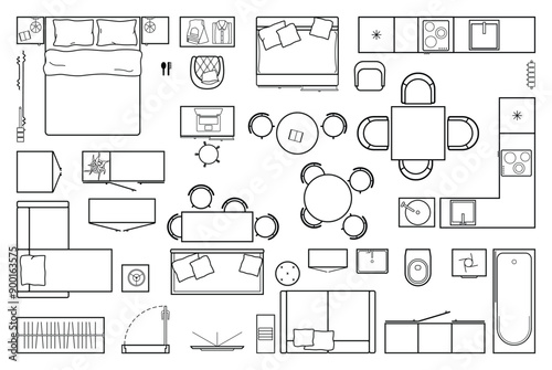 Set top view for interior icon design. Floor plan.
Architecture plan with furniture in top view. The layout of the apartment, technical drawing  kitchen, living room and bedroom. Vector