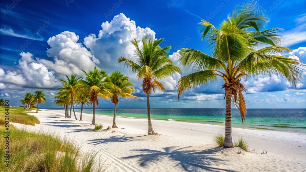 Fototapeta premium Serene white sand beach with crystal clear turquoise water and lush green palm trees swaying gently in the breeze, Gulf Shores coastline landscape.