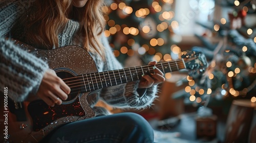 Woman Playing Acoustic Guitar in Cozy Christmas-Themed Setting with Bokeh Lights photo