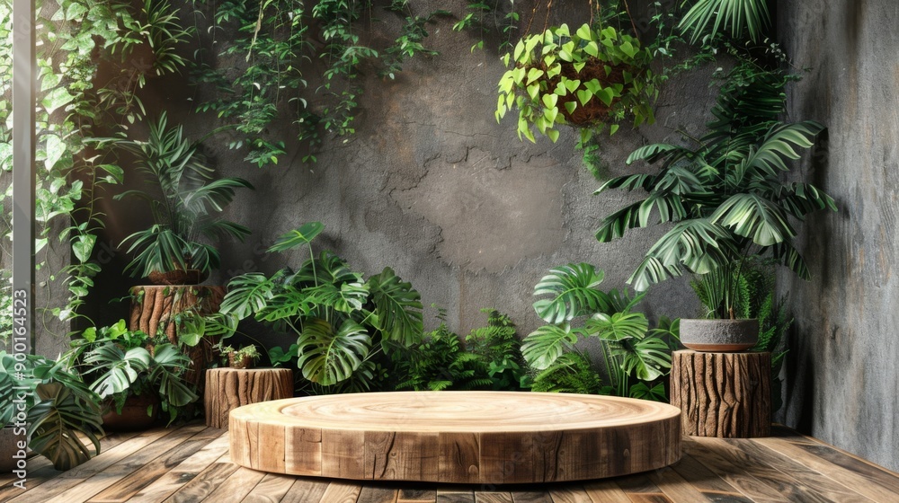 Obraz premium Natural wood podium with lush green plant decorations