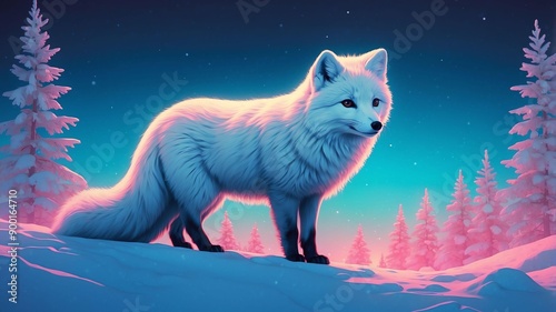 arctic fox in snow retro neon photo