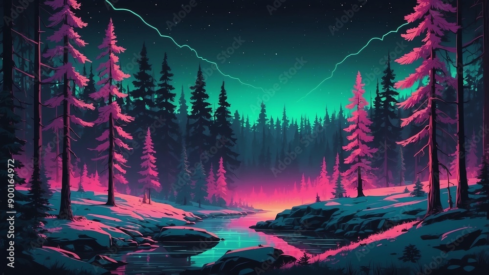 Fototapeta premium boreal forest with pine trees retro neon