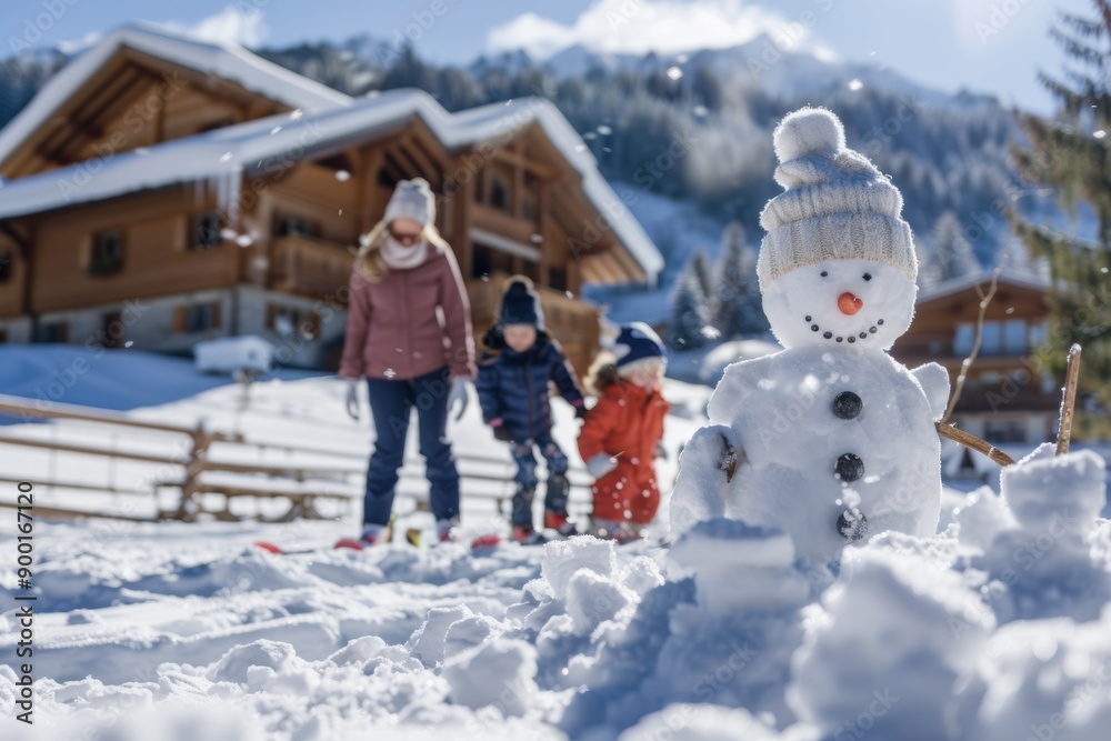 A family enjoying a winter holiday, with kids building a snowman A family enjoying a winter holiday, with kids building a snowman