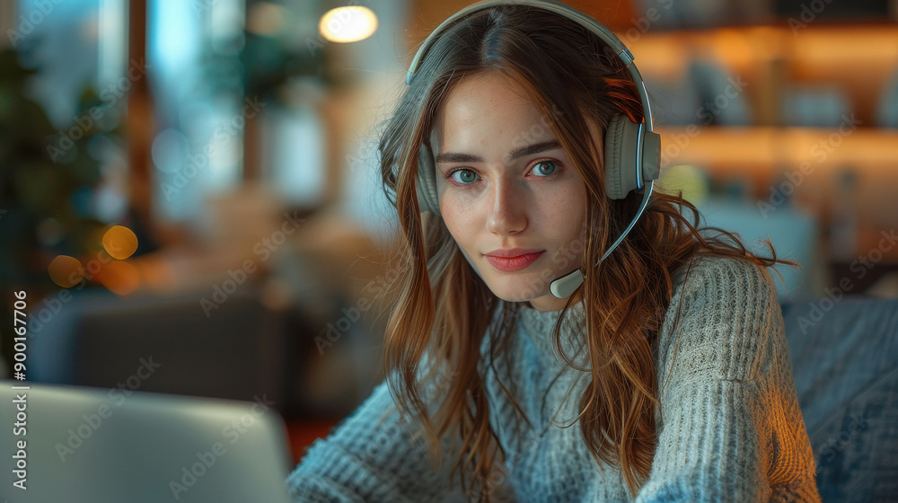 Sociable female call center assistant operating from the call center office using headset and laptop. Sociable female call center assistant operating from the call center office using headset and laptop.