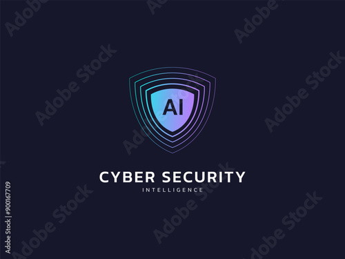 Cyber security intelligence data protection shield with AI lines technology analysis vector logo design concept. Artificial intelligence shield logotype symbol for advance technology, identity, ui.