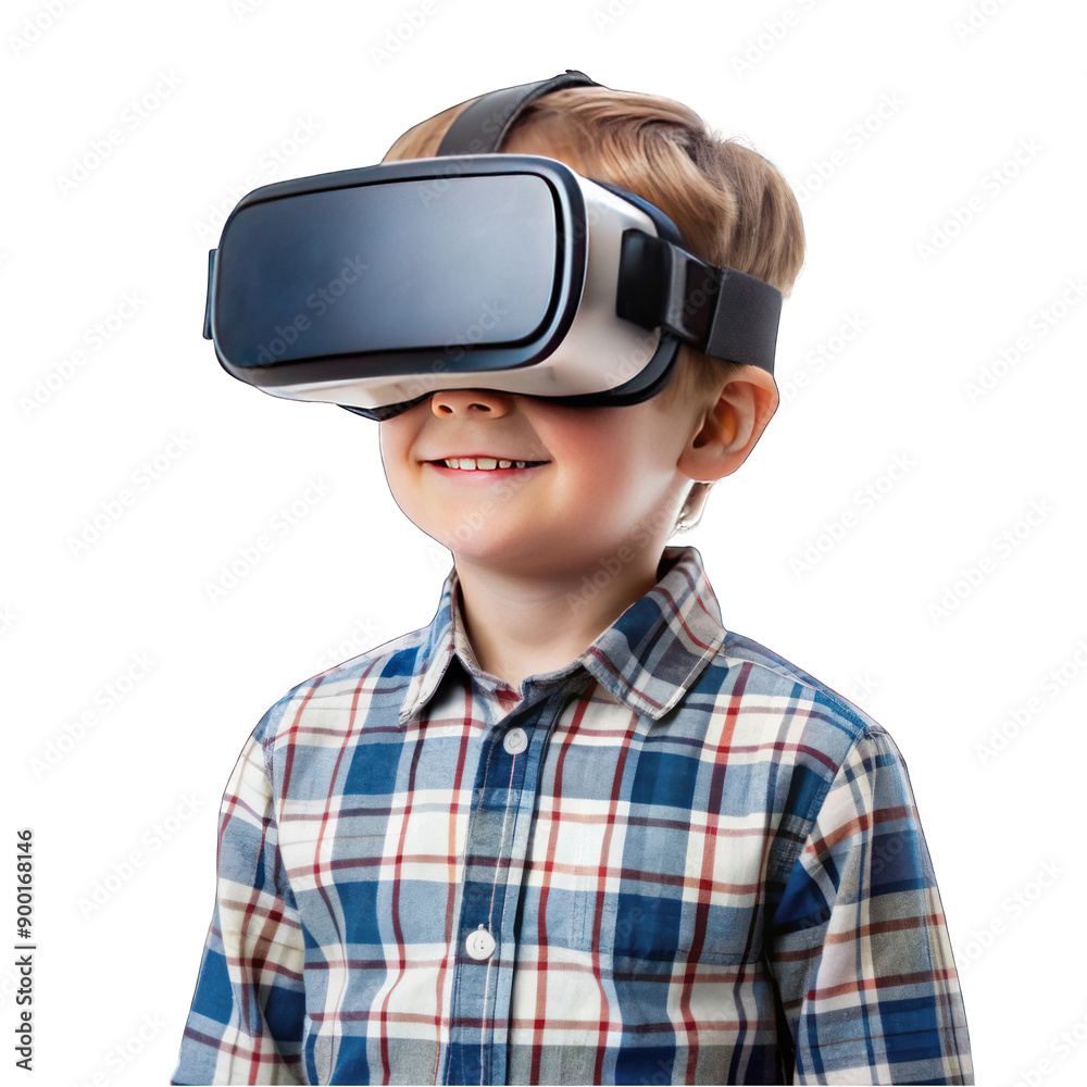 Little boy looks through vr glasses isolated on transparent background