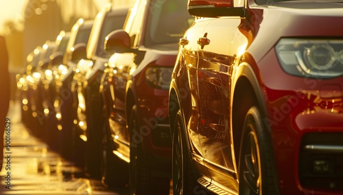 A red SUV shining in golden sunlight at a car dealership.
