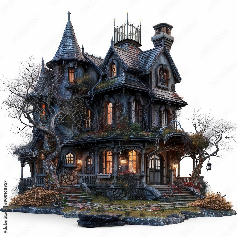Obraz premium Spooky haunted mansion on solid white background, single object