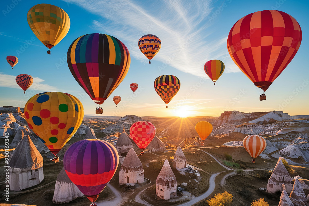 Fototapeta premium Vibrant hot air balloons in Cappadocia's surreal landscape, with fairy chimneys and a golden sunrise