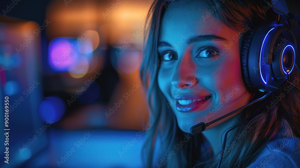 Gamer Girl with Headphones, smiling and looking at the camera in a neon lit room.  