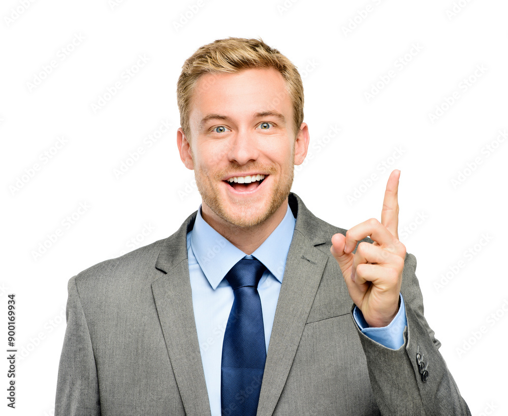 Smile, portrait and businessman pointing up in studio at product placement, opportunity or promotion. Offer, business deal and happy man showing announcement, opinion or vote on white background Smile, portrait and businessman pointing up in studio at product placement, opportunity or promotion. Offer, business deal and happy man showing announcement, opinion or vote on white background