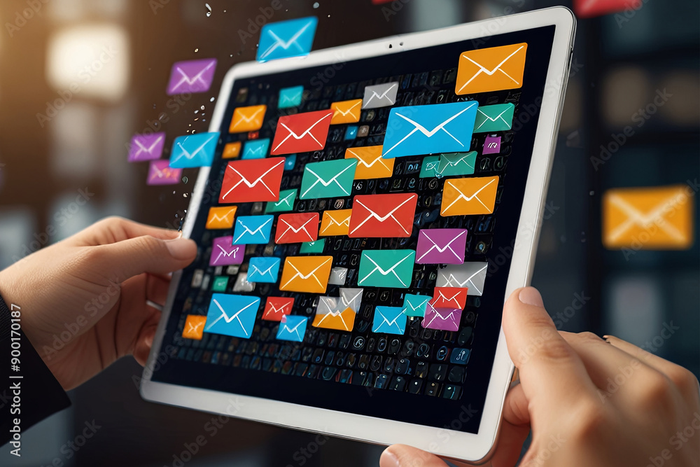 Email marketing concept with numerous emails on a touchscreen, illustrating a company sending digital newsletters to customers. Email marketing concept with numerous emails on a touchscreen, illustrating a company sending digital newsletters to customers.