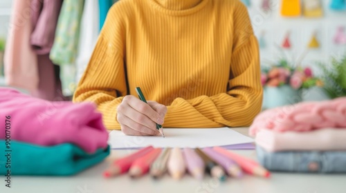 A creative workspace featuring a person sketching with colorful pencils surrounded by fabric in vibrant hues. photo